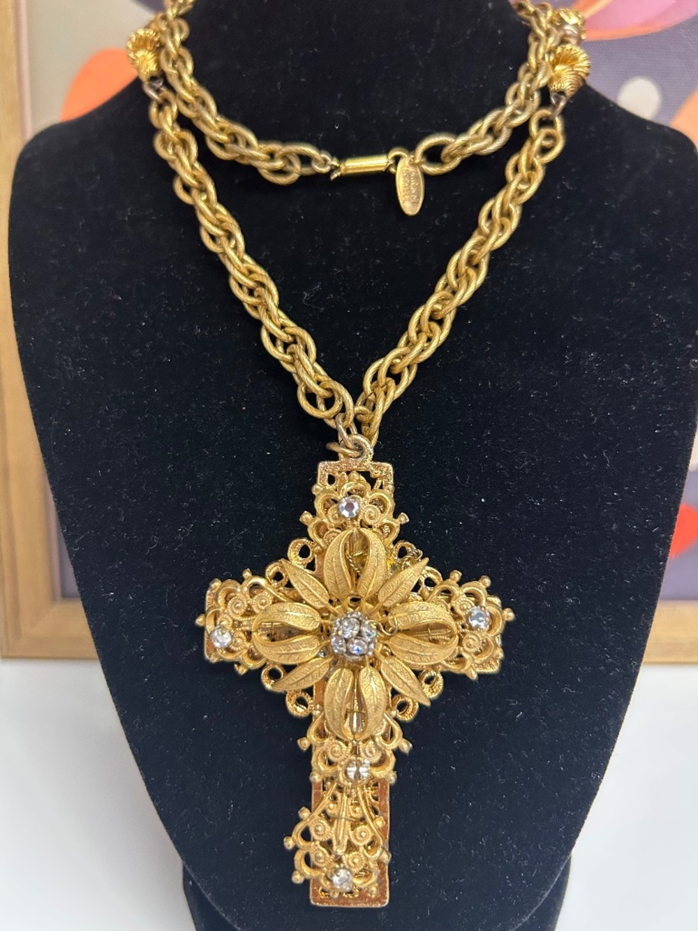 Rare!! Miriam Haskell Russian Gold ornate chunky cross necklace